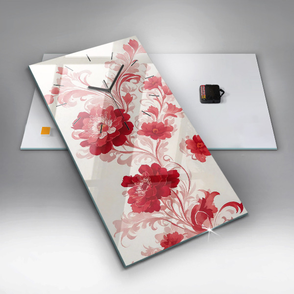 Vertikální nástěnné hodiny Červené květy