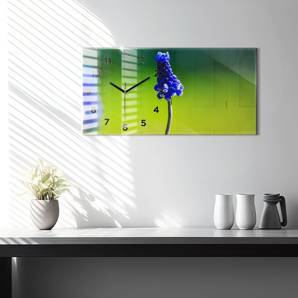 Horizontální hodiny na skle Modré květiny