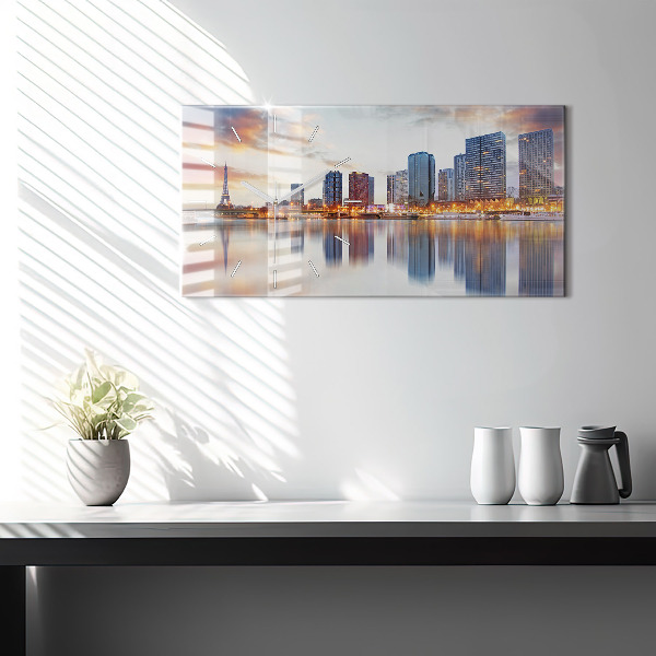 Horizontální skleněné hodiny na stěnu Panorama s Eiffelovou věží