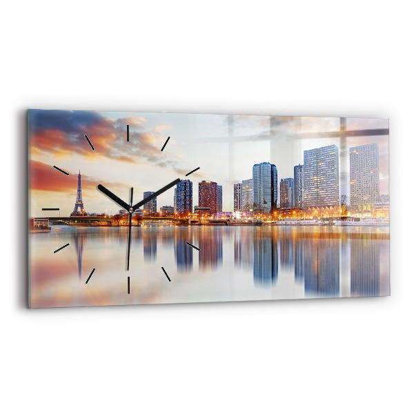 Horizontální skleněné hodiny na stěnu Panorama s Eiffelovou věží