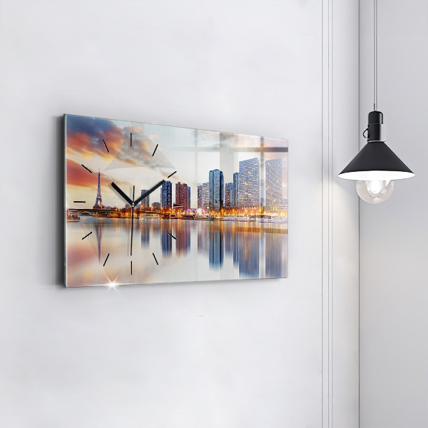 Horizontální skleněné hodiny na stěnu Panorama s Eiffelovou věží