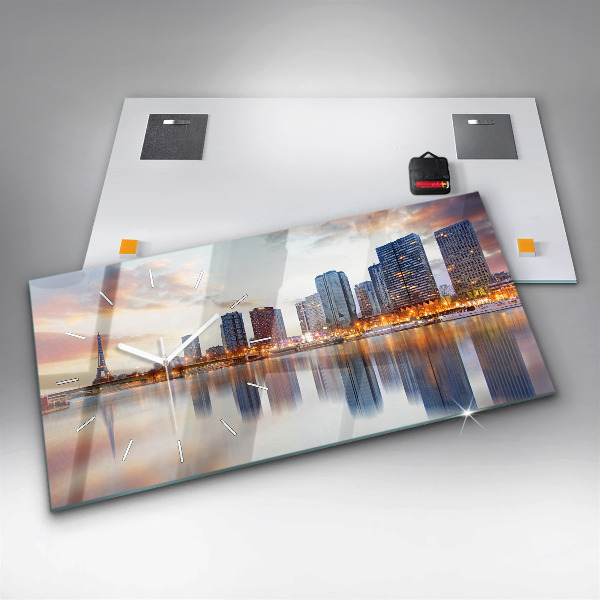 Horizontální skleněné hodiny na stěnu Panorama s Eiffelovou věží