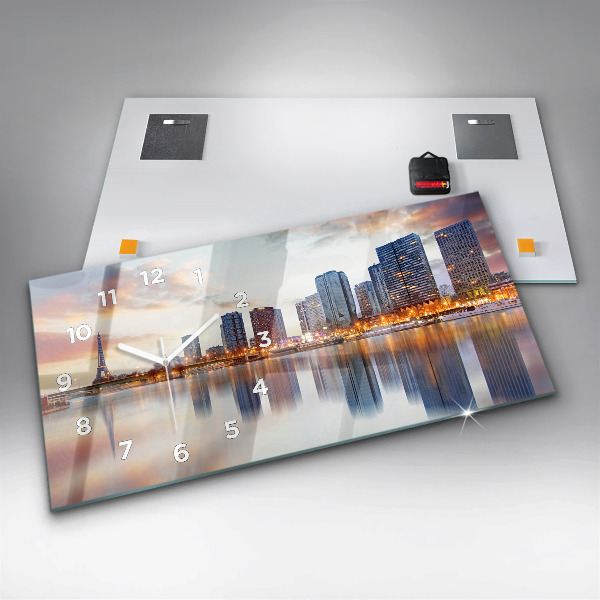 Horizontální skleněné hodiny na stěnu Panorama s Eiffelovou věží