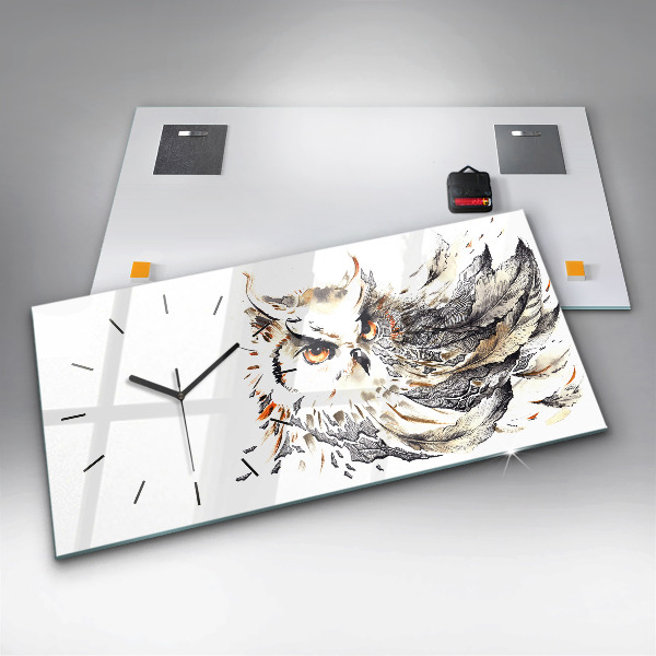 Horizontální hodiny na skle Sova symbol moudrosti