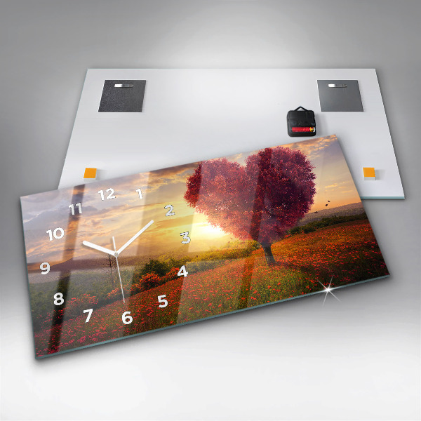 Horizontální hodiny na skle Strom se srdcem lásky