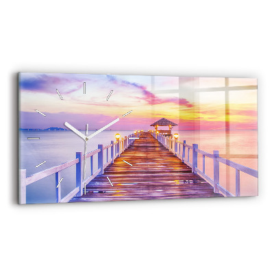 Horizontální hodiny na skle Most v přístavu večer