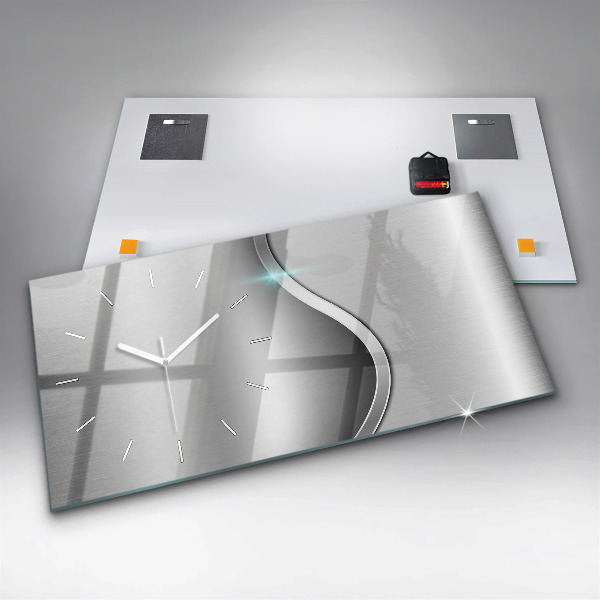 Horizontální skleněné hodiny na stěnu Šedá kovová abstrakce