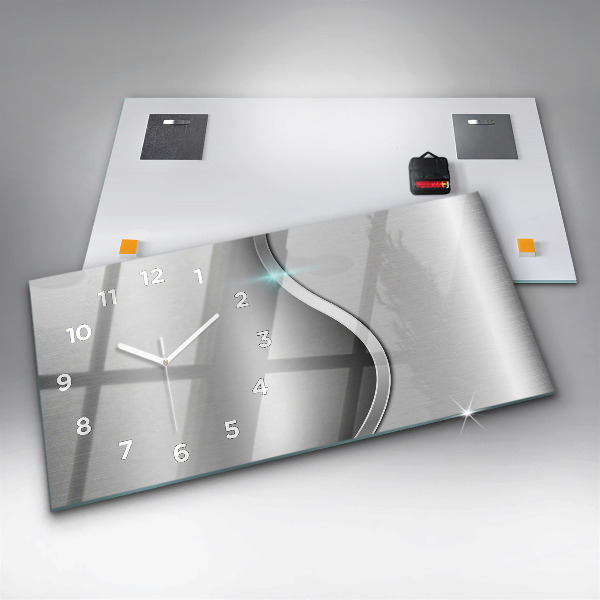 Horizontální skleněné hodiny na stěnu Šedá kovová abstrakce