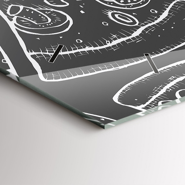 Horizontální skleněné hodiny na stěnu Malovaná pizza