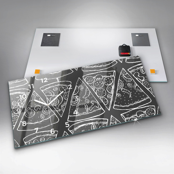 Horizontální skleněné hodiny na stěnu Malovaná pizza