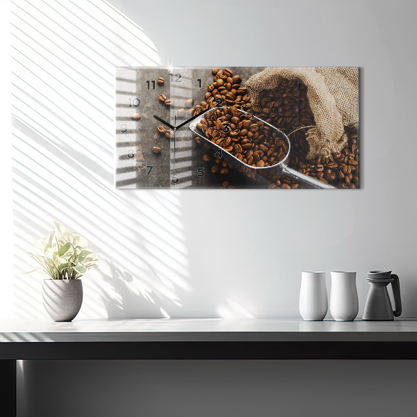 Horizontální skleněné hodiny na stěnu Pytel kávových zrn