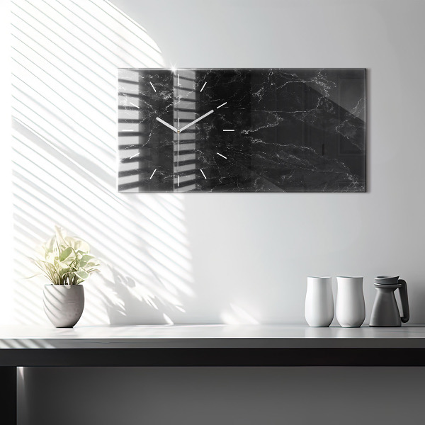 Horizontální skleněné hodiny na stěnu Černý mramor