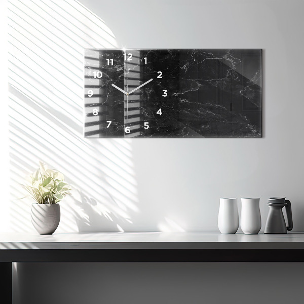 Horizontální skleněné hodiny na stěnu Černý mramor