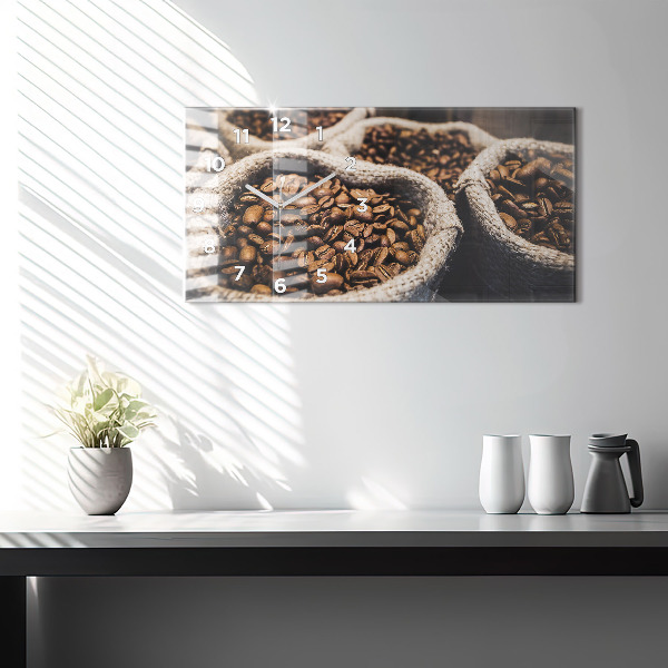 Horizontální skleněné hodiny na stěnu Pytle s kávou