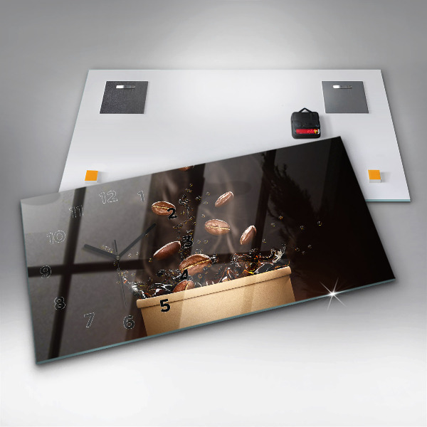 Horizontální skleněné hodiny na stěnu Horká káva