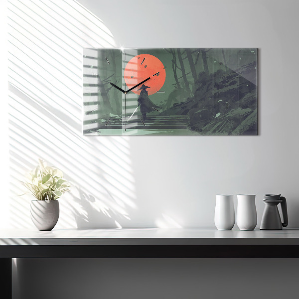 Horizontální skleněné hodiny na stěnu Samuraj v lese