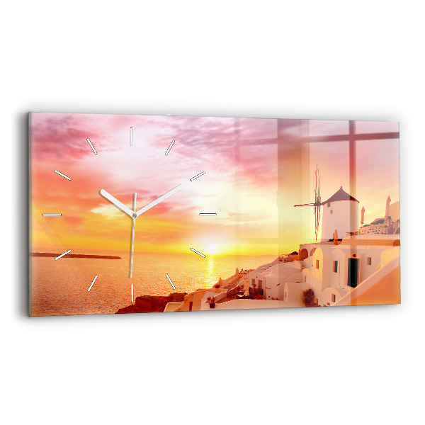 Horizontální hodiny na skle Starý větrný mlýn na Santorini