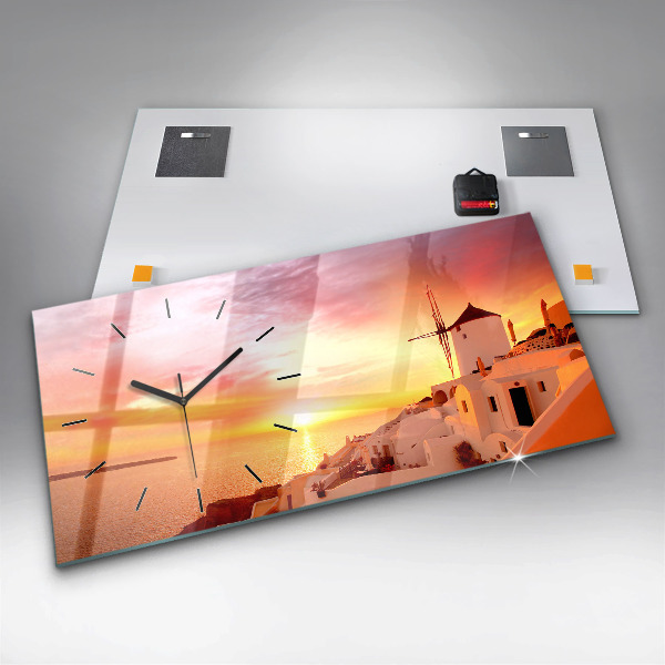 Horizontální hodiny na skle Starý větrný mlýn na Santorini