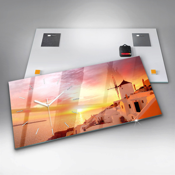 Horizontální hodiny na skle Starý větrný mlýn na Santorini