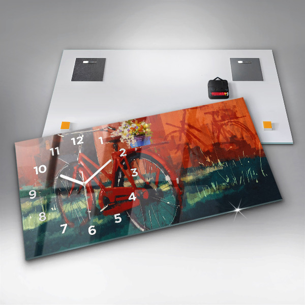 Horizontální skleněné hodiny na stěnu Malované jízdní kolo