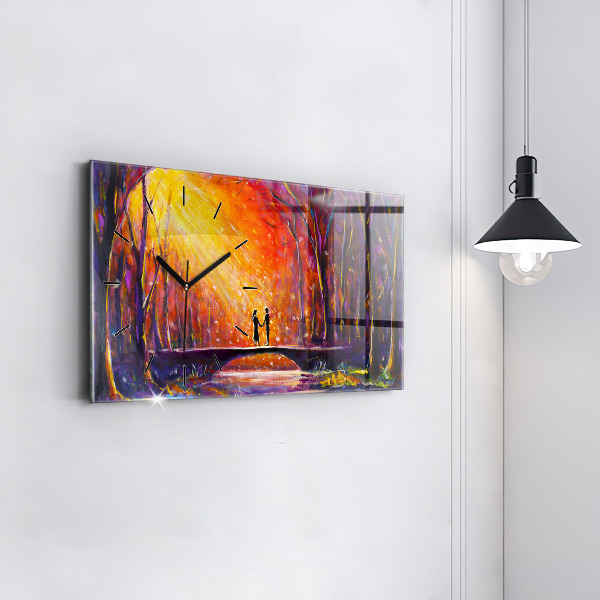 Horizontální skleněné hodiny na stěnu Pár v lese