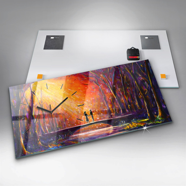 Horizontální skleněné hodiny na stěnu Pár v lese