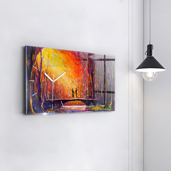 Horizontální skleněné hodiny na stěnu Pár v lese