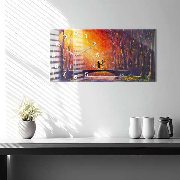 Horizontální skleněné hodiny na stěnu Pár v lese