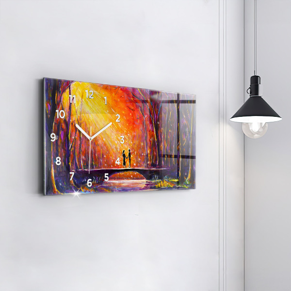 Horizontální skleněné hodiny na stěnu Pár v lese