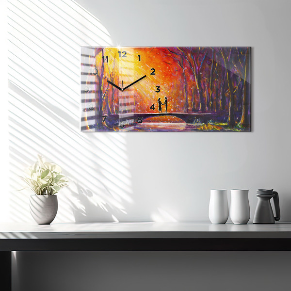 Horizontální skleněné hodiny na stěnu Pár v lese