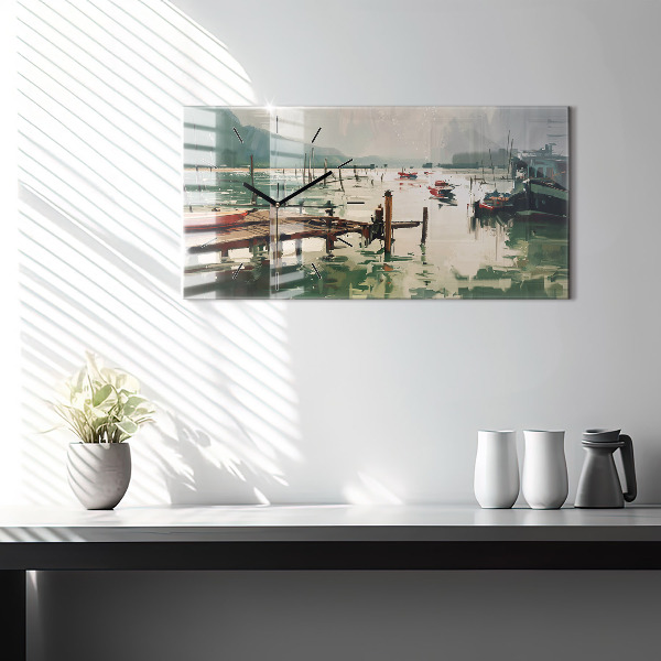 Horizontální skleněné hodiny na stěnu Rybářské lodě v přístavu