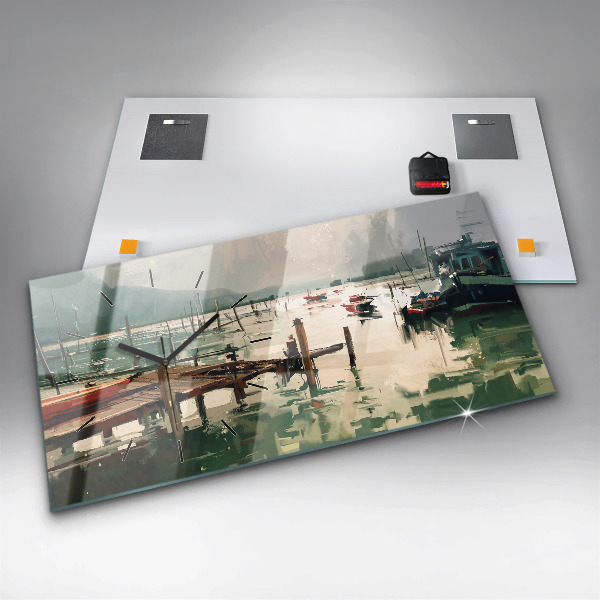 Horizontální skleněné hodiny na stěnu Rybářské lodě v přístavu