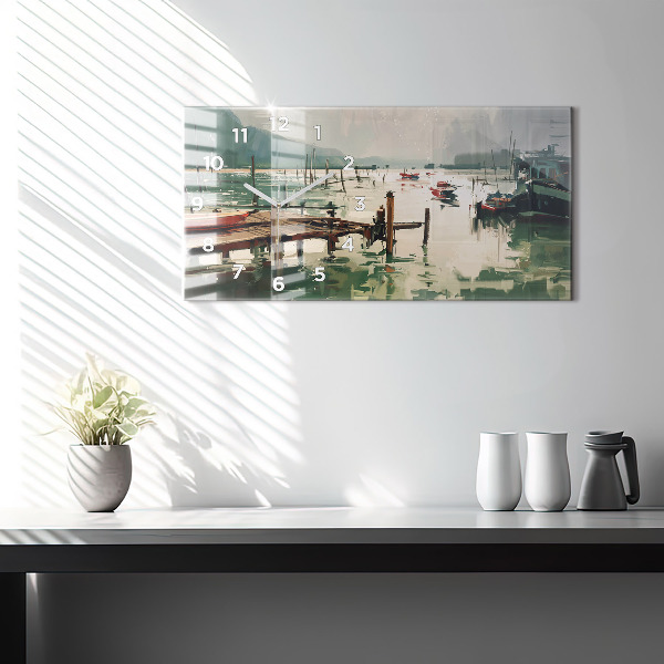Horizontální skleněné hodiny na stěnu Rybářské lodě v přístavu