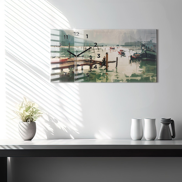 Horizontální skleněné hodiny na stěnu Rybářské lodě v přístavu