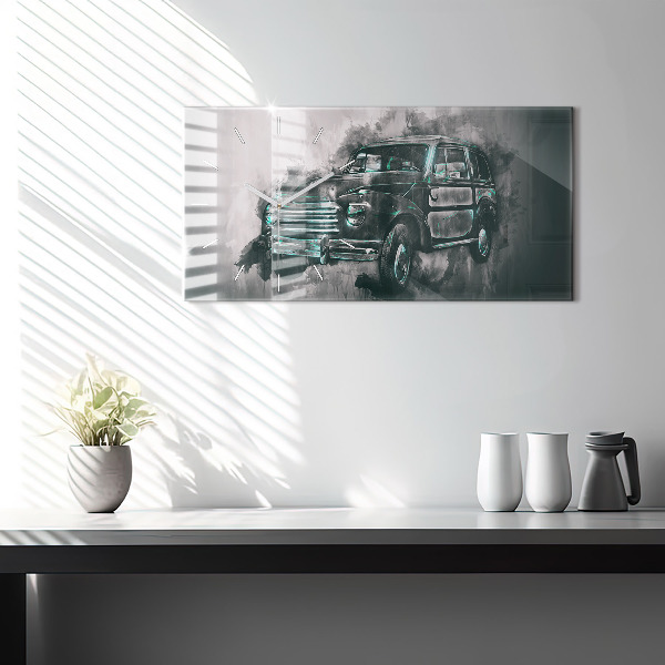 Horizontální hodiny na skle Oldschoolové auto