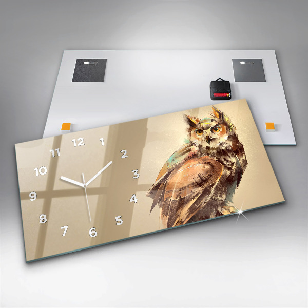 Horizontální hodiny na skle Sova - znamení moudrosti