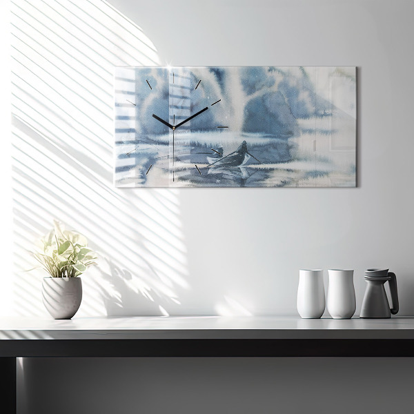 Horizontální hodiny na skle Zimní jezero Loď