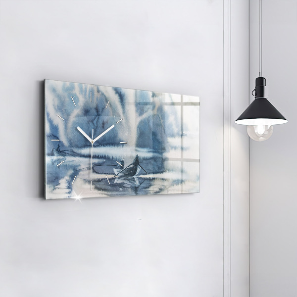 Horizontální hodiny na skle Zimní jezero Loď