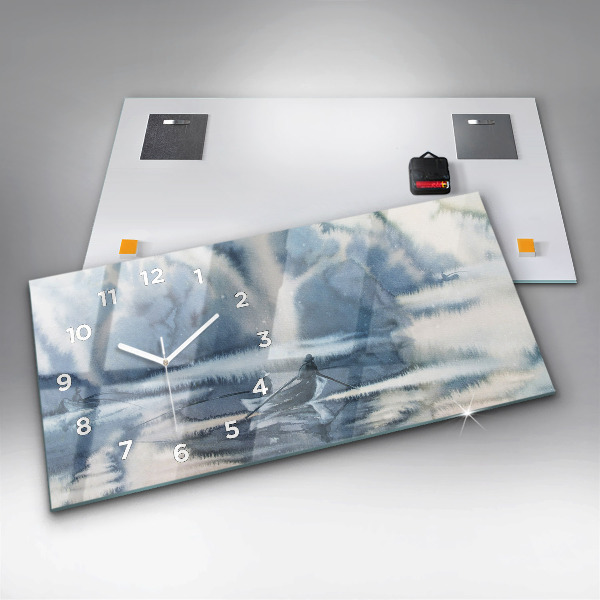 Horizontální hodiny na skle Zimní jezero Loď