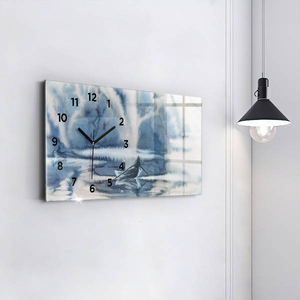 Horizontální hodiny na skle Zimní jezero Loď