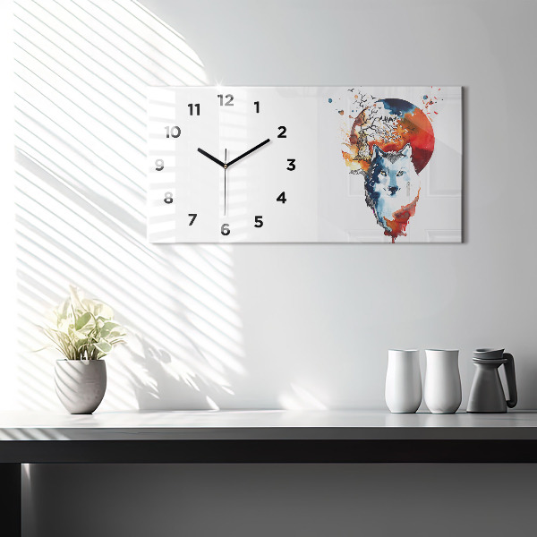 Horizontální hodiny na skle Vlkodlak v úplňku a Luna