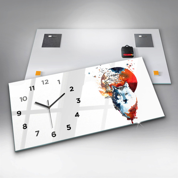 Horizontální hodiny na skle Vlkodlak v úplňku a Luna