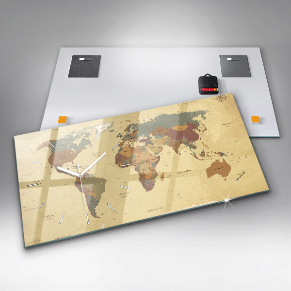Horizontální hodiny na skle Mapa světa ve vintage stylu