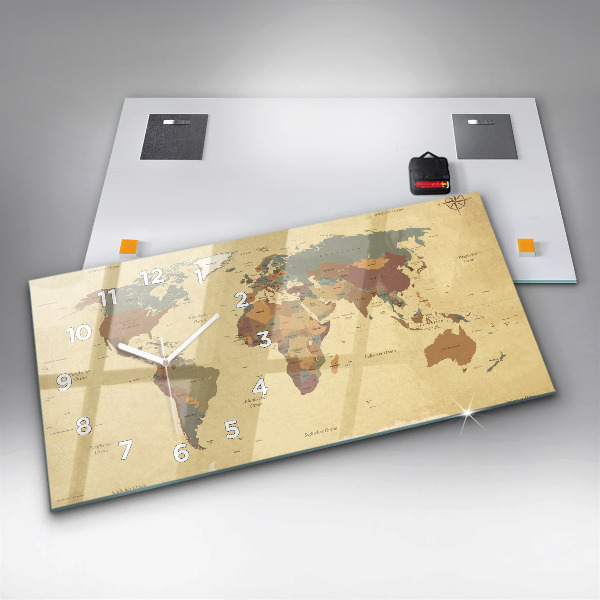 Horizontální hodiny na skle Mapa světa ve vintage stylu