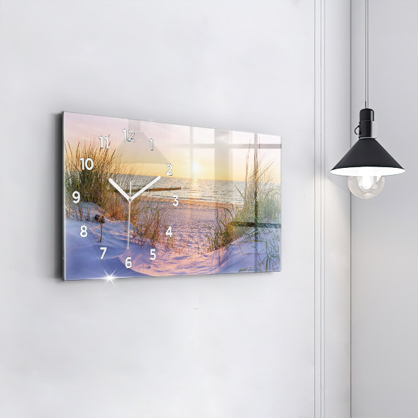 Horizontální hodiny na skle Polský západ slunce nad mořem