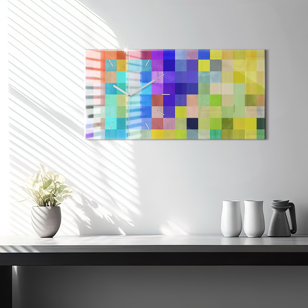 Horizontální hodiny na skle Kompozice čtverců