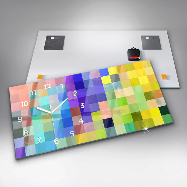 Horizontální hodiny na skle Kompozice čtverců