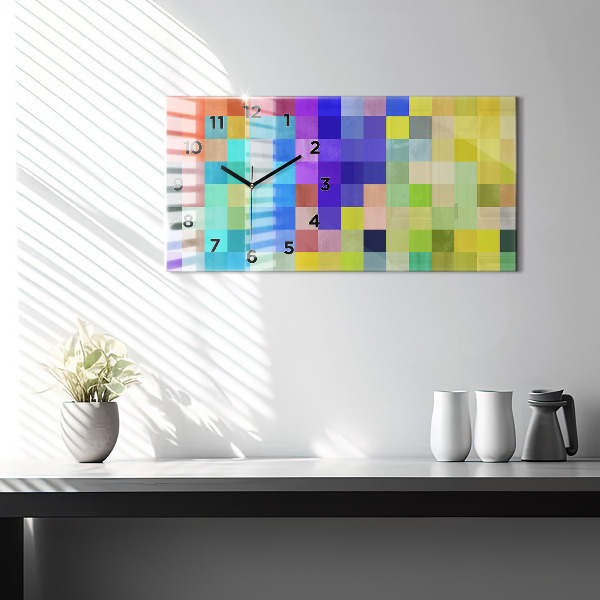 Horizontální hodiny na skle Kompozice čtverců
