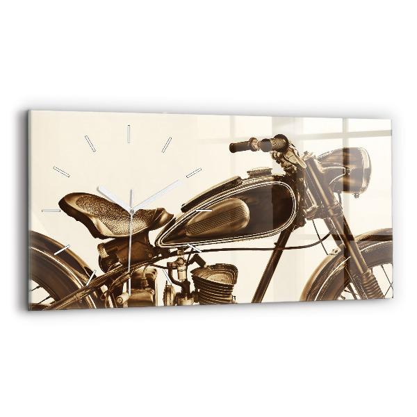 Horizontální skleněné hodiny na stěnu Sépiový motocykl Vintage
