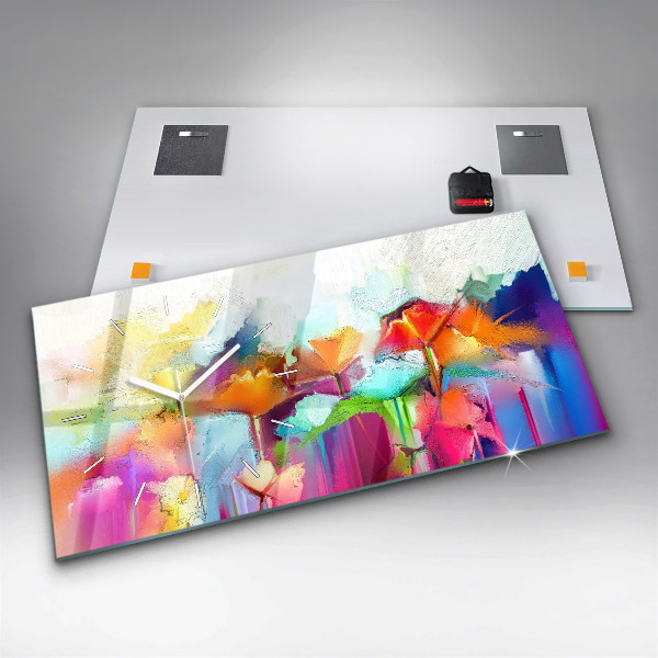 Horizontální skleněné hodiny na stěnu Abstraktní květiny